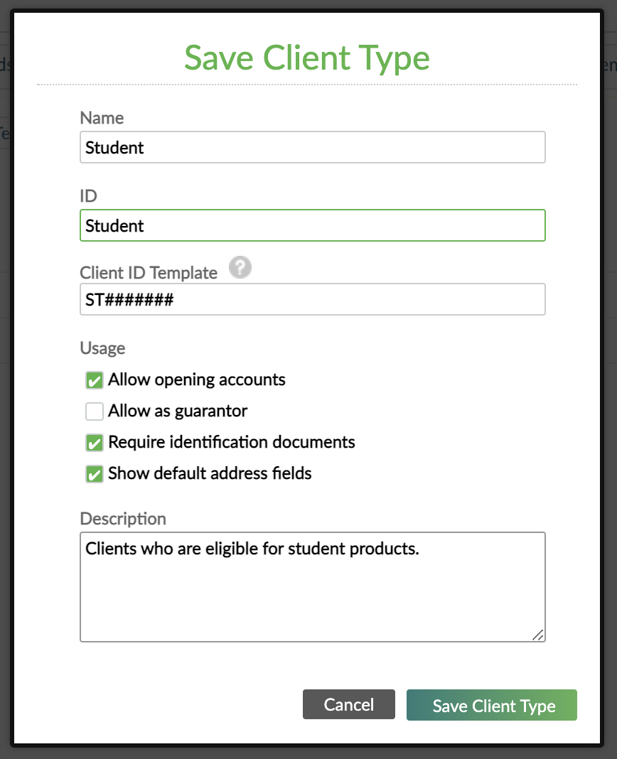 Save Client Type dialog